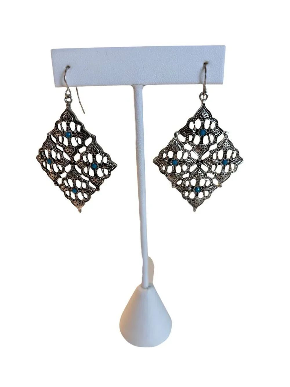 Antique Style Silver Toned Filigree Diamond-Shaped Earrings w/Turquoise Accents.